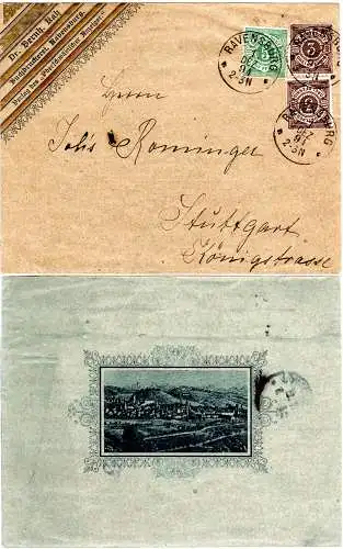 Württemberg 1894, 2x3+5 Pf. auf illustriertem Zierumschlag v. Ravensburg