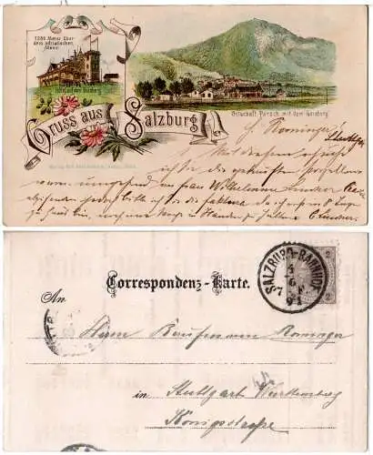 Österreich 1891, 2 Kr. auf schönem AK-Vorlaüfer v. Salzburg m. Hotel u. Parsch 