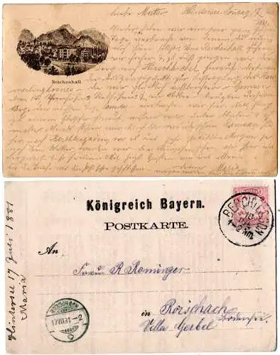 Bayern 1881, Reichenhall, frühe AK-Vorläufer Karte m. 10 Pf. ab Berchtesgaden