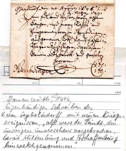 Bayern 1646, früher Schnörkelbrief v. Donauwörth m. Cito Cito - Vermerk