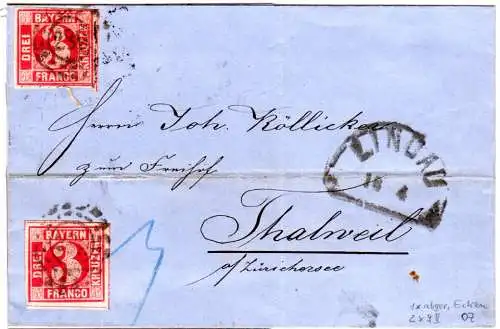 Bayern 1865, 2x3 Kr. auf Brief v. Lindau i.d. Schweiz.