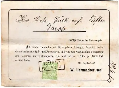 NDP 1870, 1/3 Gr. auf Avis-Karte v. R2 BAROP an die Zeche Glück auf Tiefbau