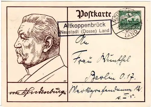 DR 1932, Landpost Stpl. ALTKOPPENBRÜCK über Neustadt (Dosse) auf 6 Pf. Ganzsache