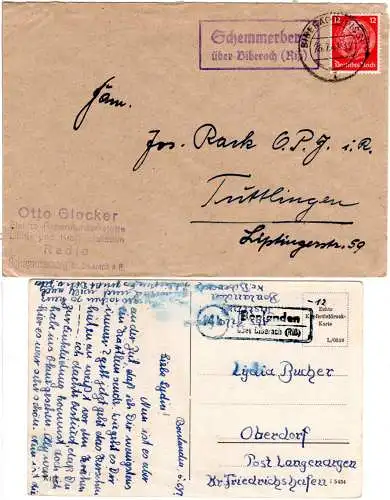 1941/47, 2 Landpost Stpl. ...über Biberach (Riß) auf 2 Belegen