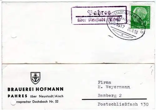 BRD 1958, Landpoststpl. PAHRES über Neustadt (Aisch) auf Brauerei Karte m. 10 Pf