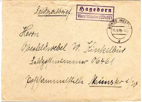 DR 1939, Landpoststpl. HAGEDORN über Bünde (Westf) auf Feldpost Brief an 06461