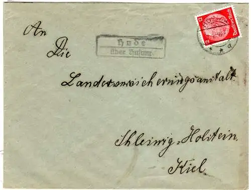 DR 1936, Landpost Stpl. HUDE über Husum auf Brief m. 12 Pf.