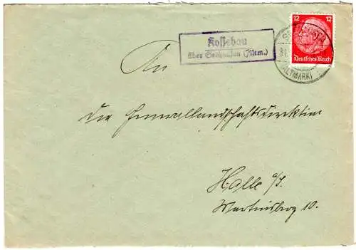 DR 1936, Landpost Stpl. KOSSEBAU über Seehausen (Altm.) auf Brief m. 12 Pf.