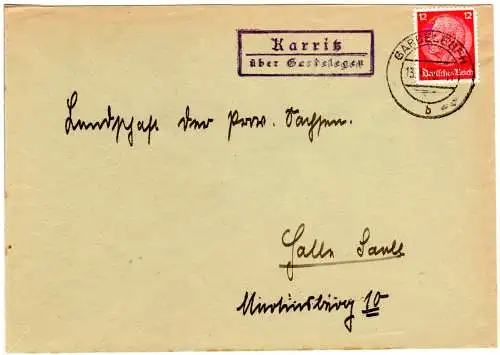 DR 1939, Landpost Stpl. KARRITZ über Gardelegen auf Brief m. 12 Pf.