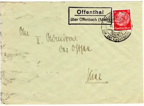 DR 1938, Landpost Stpl. OFFENTHAL über Offenbach (Main) auf Brief m. 12 Pf.