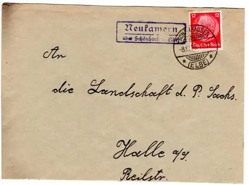 DR 1936, Landpost Stpl. NEUKAMERN über Schönhausen (Elbe) auf Brief m. 12 Pf.