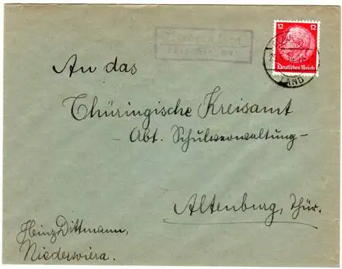 DR 1934, Landpost Stpl. NIEDERWIERA über Glauchau auf Brief m. 12 Pf.