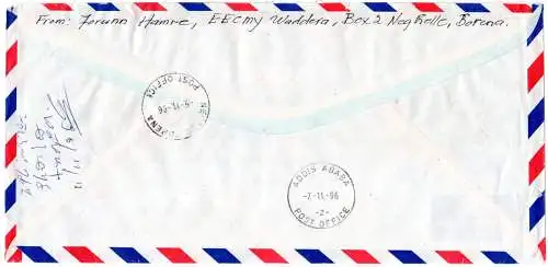 Äthiopien 1996, 35+2x50 C Wüstenfuchs auf Einschreiben Express Brief n. Norwegen