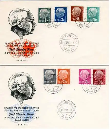Saarland 5.12.1957, alle 8 Heuss Werte auf 2 FDC. Schöne Ersttagsbriefe!