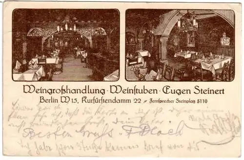 Berlin, Weinstuben Eugen Steinert Kurfürstendamm, 1917 gebr. Reklame-AK