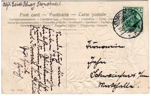 Prosit Neujahr! Tor m. Hasen, Vogel u. Komet, 1911 v. Storchnest gebr. Präge-AK.