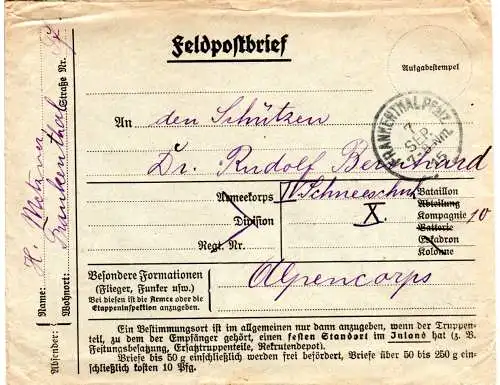 Bayern 1915, K1 Frankenthal auf Feldpost Brief an d. Alpencorps Schneeschuh Batl
