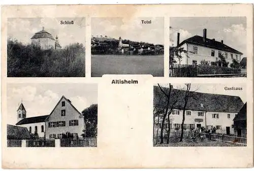 Altisheim (LKr. Donauwörth), 1929 gebr. Mehrbild sw-AK m. Gasthaus, Schule...