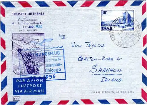 Saarland 1956, 30 F. auf Zuleitungs Brief zum LH-Erstflug n. Shannon Irland