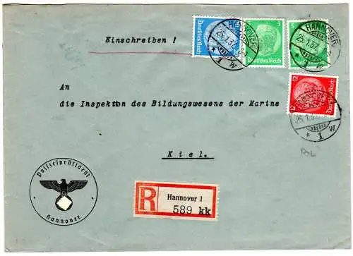 DR 1937, 12+20+2x5 Pf. m. POL Lochung auf Einschreiben Brief v. Hannover