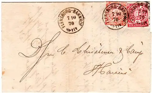 NDP 1870, 1/2+1 Gr. auf Brief v. Flensburg n. Horsens. Moderiertes SH-Porto!