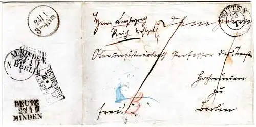 Preussen 1853, K2 Witten auf Franko Brief n. Berlin m. rücks. Bahnpost Stempeln