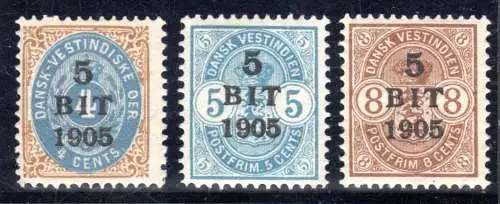 Dänisch Westindien, DWI, kpl. postfrische Ausgabe v. 3 Überdruckwerten 1905.