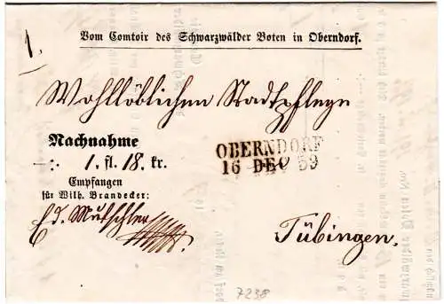 Württemberg 1859, L2 Oberndorf auf Vordruck NN-Brief des Schwarzwälder Boten