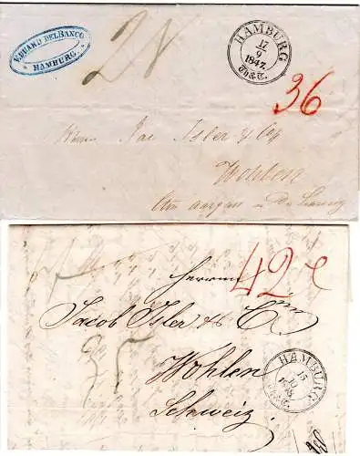 Hamburg 1847/8, Taxis-K3 klar auf 2 Porto Briefen i.d. Schweiz