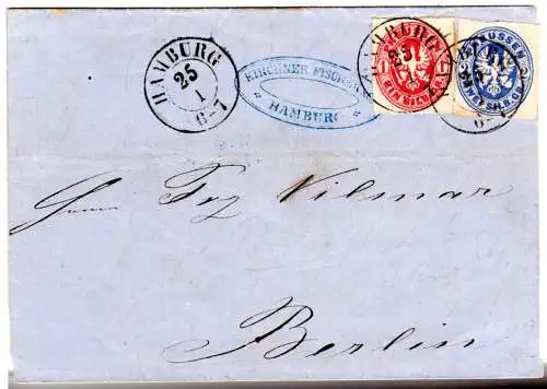 Preussen 1865, 1+2 Sgr. auf Brief m. klaren kleinen K2 Hamburg