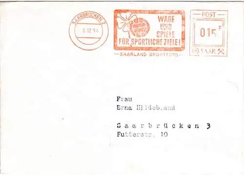 Saarland 1954, Brief m. Saarbrücken Sporttoto Werbefreistempel m. Abb. Fussball