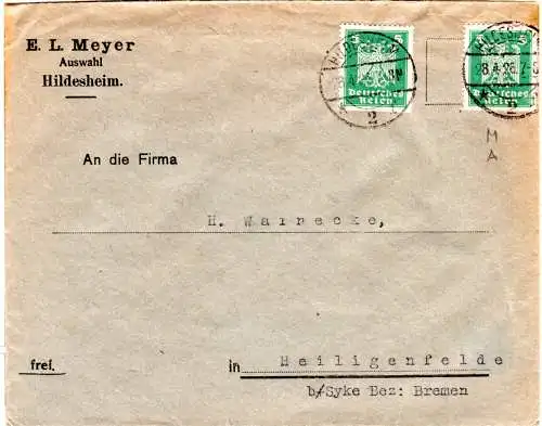 DR 1926, 2x5 Pf. m. perfin MA auf Firmenbrief v. Hildesheim