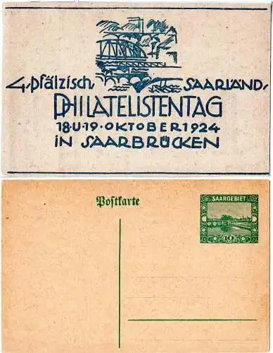 Saar 1924, 4. Pfälz. Saarl. Philatelistentag Saarbrücken, ungebr. 10 C Ganzsache