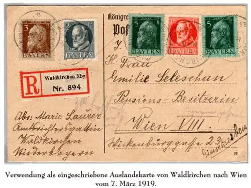 Bayern 1919, 2+3+15+2x5 Pf. auf Einschreiben Karte v. Waldkirchen n. Österreich