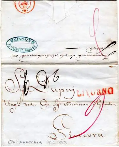 Italien Toscana 1843, L1 Livorno auf Porto Brief v. Civitavecchia i.d. Schweiz