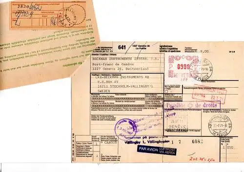 Schweiz 1971, 9 Fr. Frankiermaschinenetikett auf Luftpost Paketkarte v. Genf