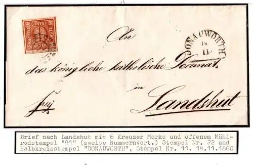 Bayern 1860, enorm breitrand. 6 Kr. auf sehr schönem Brief m. oMR 91 Donauwörth