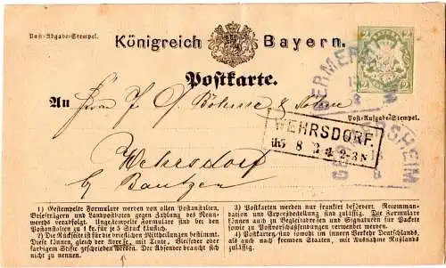 Bayern P 1 IIe, 2 Kr. Ganzsache m. Setzfehler "Adre se" u. HKS Germersheim