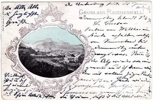 Gruss aus Reichenhall m. Zierrahmen, 1898 gebr. sw-AK 