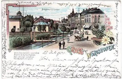 Gruss aus Wörishofen m. Kurhaus-Promenade m. Pferdegespann, 19oo gebr. Litho-AK