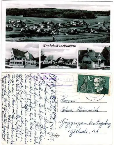 BRD 1958, Landpost Stpl. 13b BRACHSTADT über Donauwörth auf AK m. Gasthaus