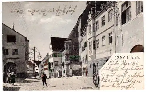 Isny i. Allgäu, Hauptstrasse m. Gasthaus, Handlung u. Personen, 1904 gebr. sw-AK