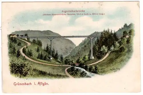 Grünenbach i. Allgäu m. Argentobelbrücke, 1910 gebr. Farb-AK