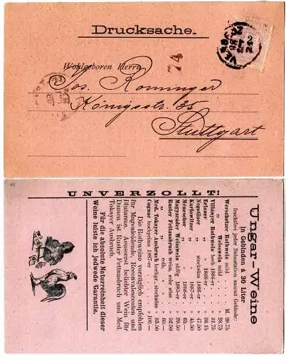 Ungarn 1898, 2 Kr. auf Wein Bestellkarte v. Versecz m. rücks. Abb. v. Hühnern