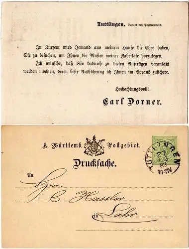 Württemberg 1882, 3 Pf. Ganzsache v. Tuttlingen m. rs. Avis Zudruck C. Dorner