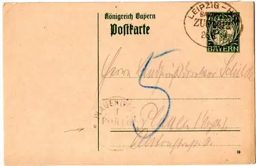 Bayern 1919, 7 1/2 Pf. Ganzsache m. Bahnpost u. K1 PLAUEN (VOGTL.) PORTO