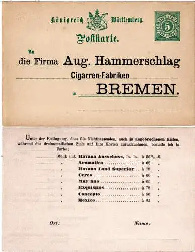 Württemberg, ungebr. 5 Pf. Ga m. Zudruck der Zigarren Fabrik Hammerschlag Bremen