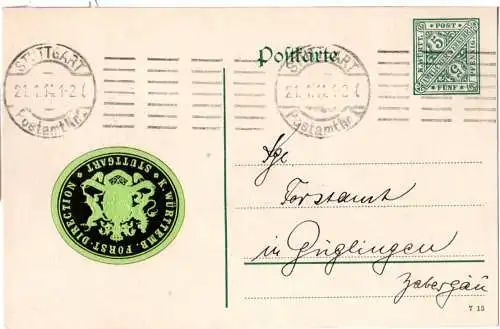 Württemberg 1914, 5 Pf. amtl. Ganzsache v. Stuttgart an das Forstamt Güglingen 