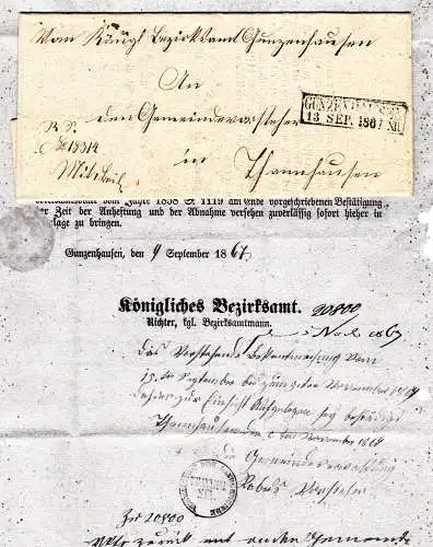 Bayern 1867, R2 Gunzenhausen auf Brief m. gedrucktem Inhalt n. Thannhausen