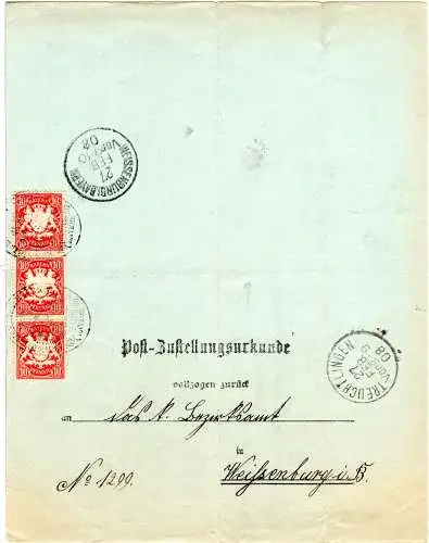 Bayern 1908, 3x10 Pf. auf Zustellungsurkunde m. Siegelstpl. v. Weissenburg